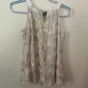 White House Black Market Silk Cream Gold Graphic Embellished Tank Top
